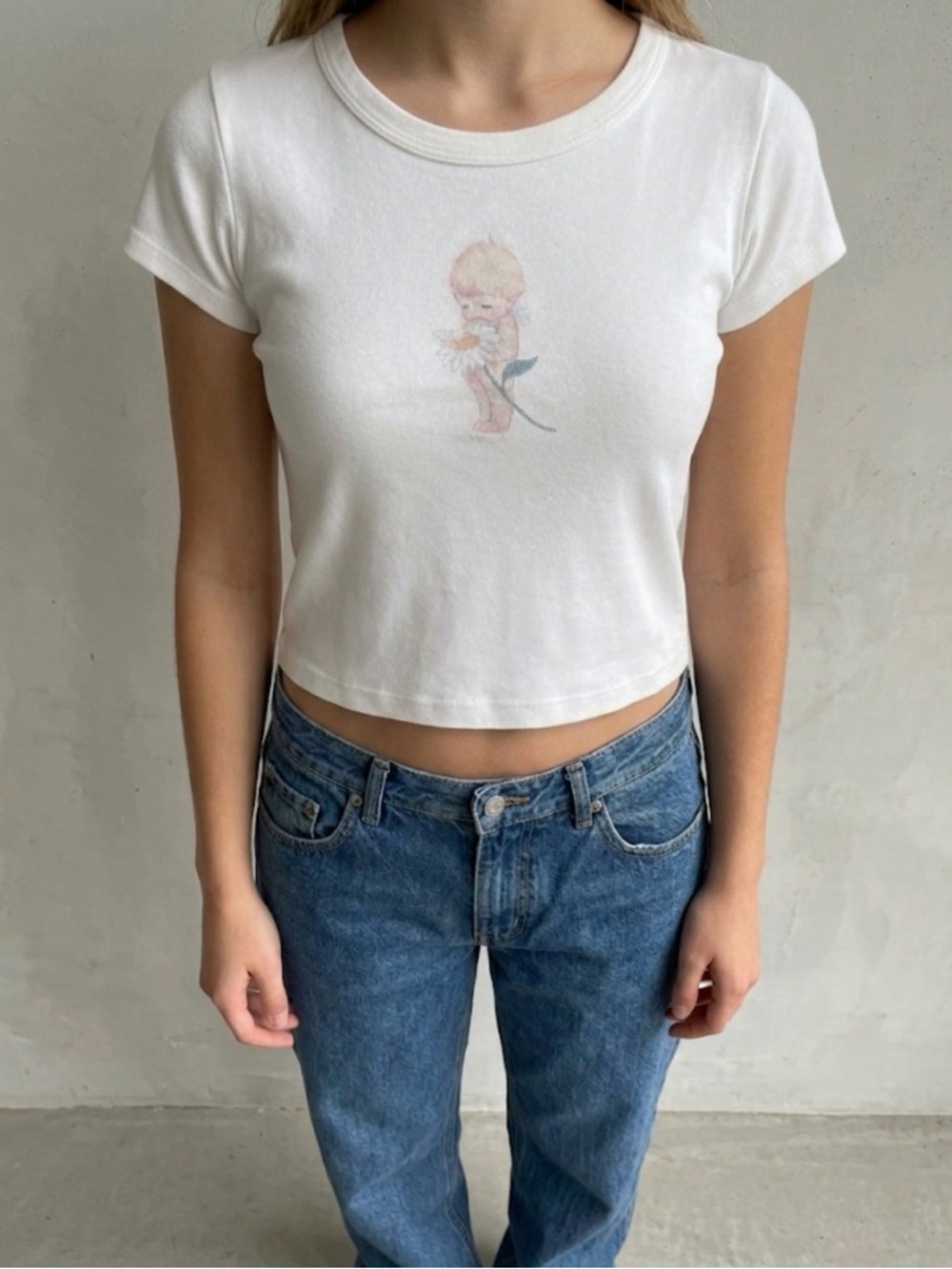 Brandy Melville White Kids Tee with Pastel Floral Character